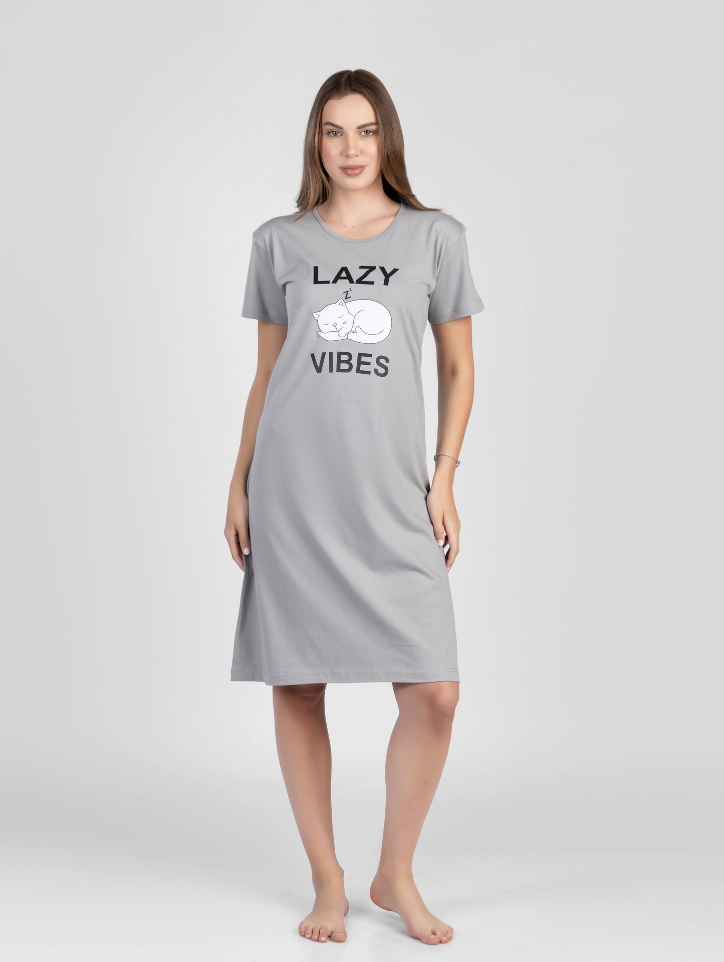 فستان بيت نسائي قطن بطبعة LAZY VIBES